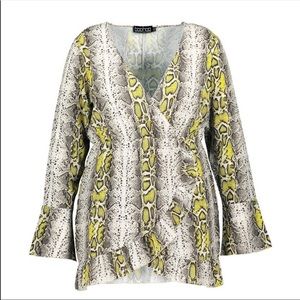Boohoo Plus wrap mini dress in neon snake